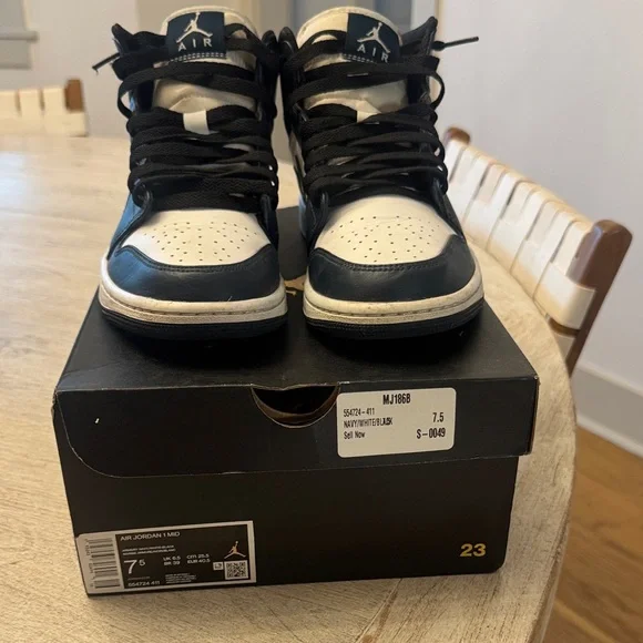 Air Jordan 1 Men’s Black, Navy and White Mid-Top Sneakers - Picture 7 of 8